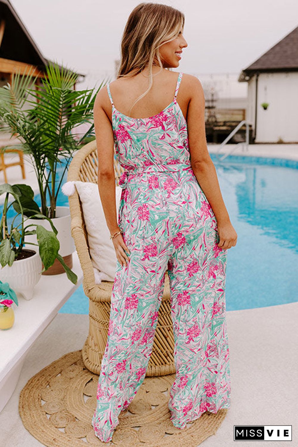 Sky Blue Floral Print Knotted High Waist Sleeveless Jumpsuit