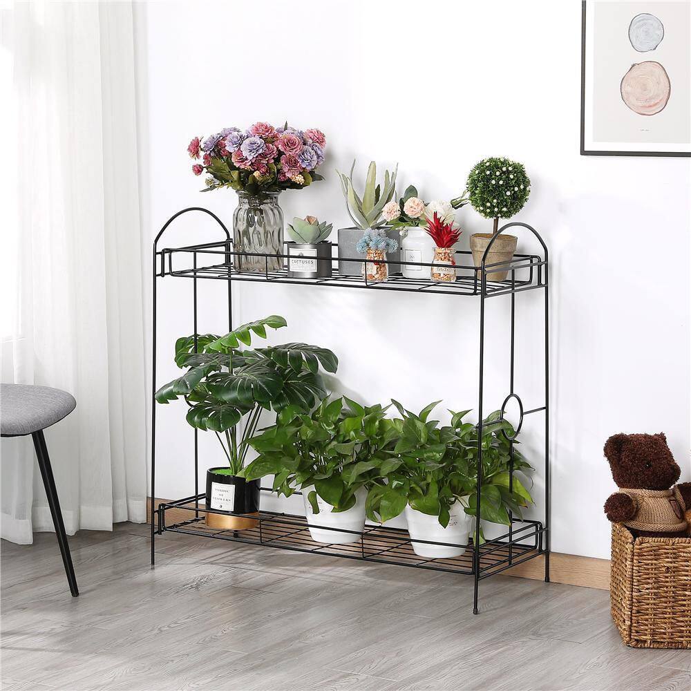 Yaheetech 32 in. H Metal Plant Stand with Tray Design For OutdoorIndoor (2 Tier) DYkc7a0001