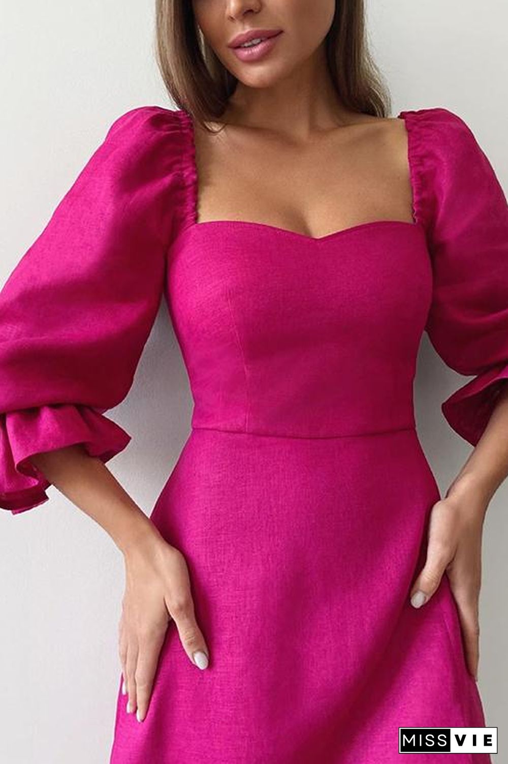 Rose Square Neck Slit Midi Dress