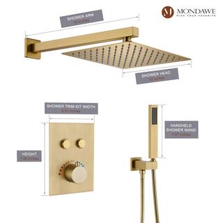 Mondawe 2-Spray Patterns 12 in. Wall Mount Rainfall Dual Shower Heads with Thermostatic Bathroom Showers in Gold WF6647-12BG