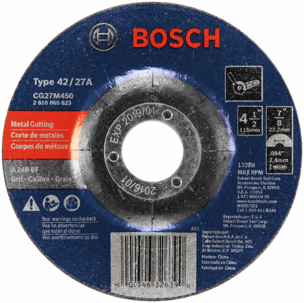 Bosch 4-1/2 In. 3/32 In. 7/8 In. Arbor Type 27 24 Grit Light Grinding/Metal Cutting Abrasive Wheel CG27M450 from Bosch