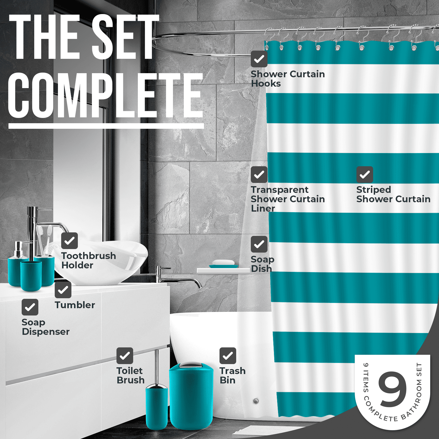 Clara Clark 12 Piece Bathroom Accessory Gift Set， Trash Can， Toothbrush Cup Soap Dish， Tumbler Toilet Brush with Holder， Bathroom Curtains Shower Set， Bath Rug Set Included， Teal Blue