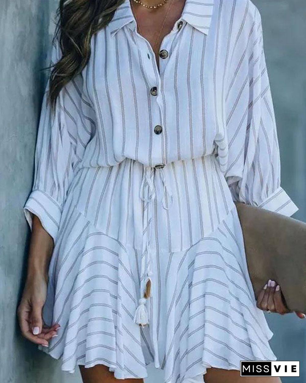 Striped Lace Up Shirt Dress