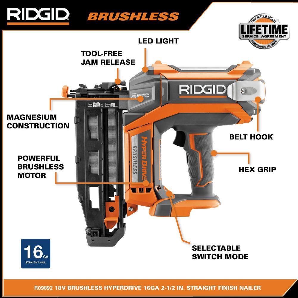 RIDGID 18V Brushless Cordless 16-Gauge Straight Finish Nailer with 18-Gauge Brad Nailer and (2) MAX Output 4.0 Ah Batteries R09892B-R09891B-AC840040P