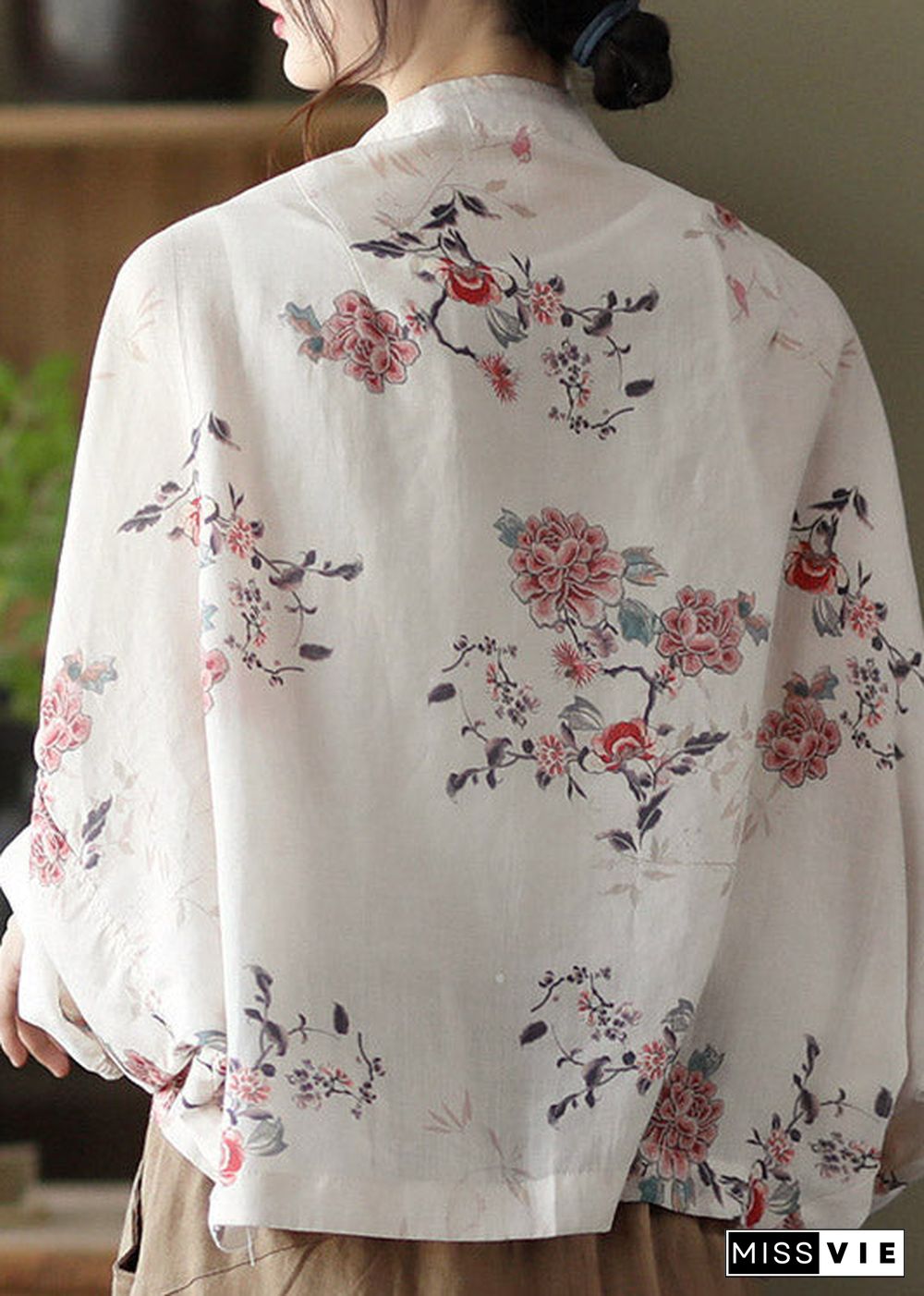 Handmade White V Neck Print Button Linen Shirt Batwing Sleeve