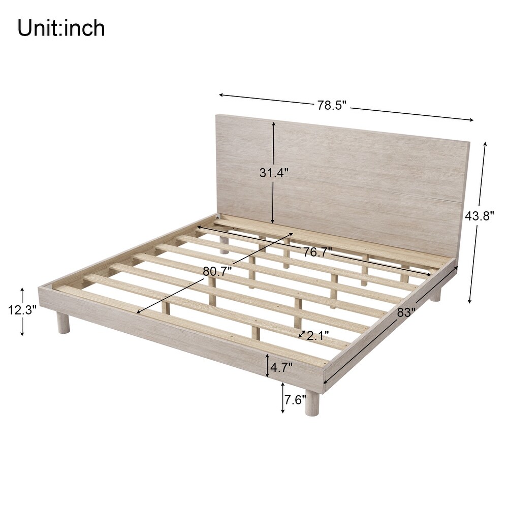 King Size Platform Bed  Modern Platform Bed Frame with Solid Wood Grain Headboard  8 Wooden Slats Support  No Box Spring Needed