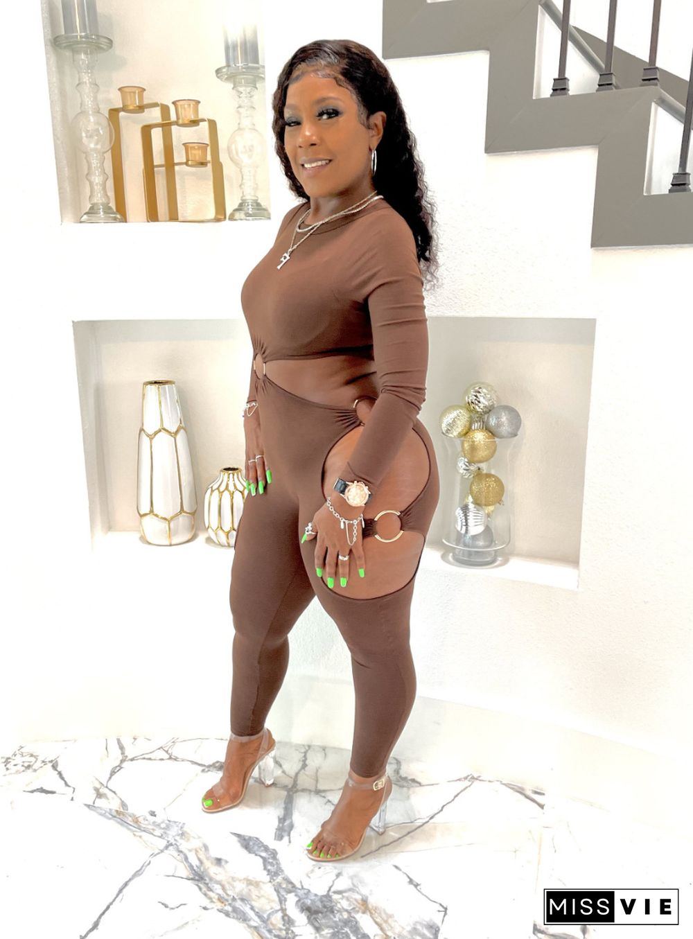 Hollow Out Skinny Long Sleeve Party Jumpsuits