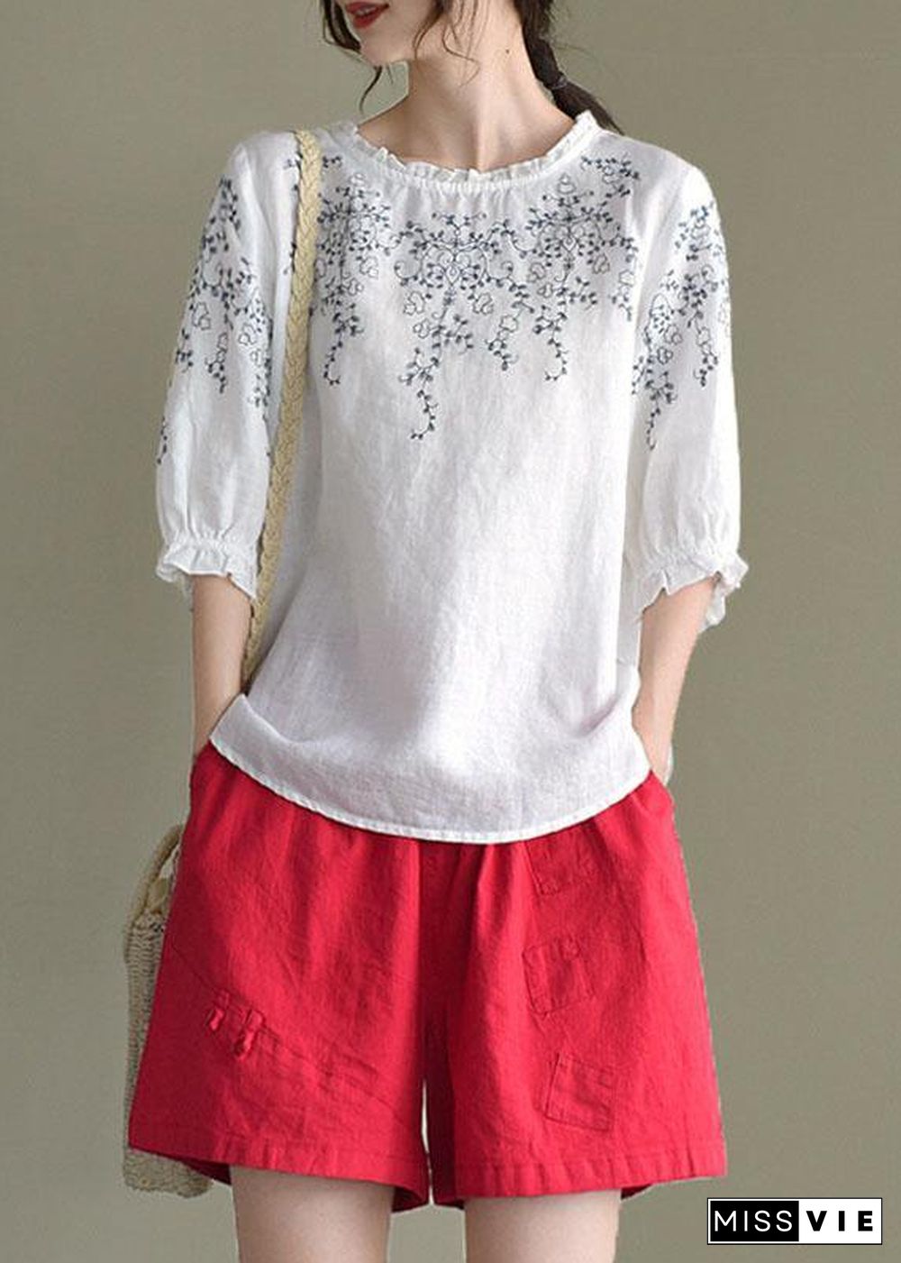 Handmade Navy lantern Sleeve O-Neck Embroideried Summer Ramie Blouses