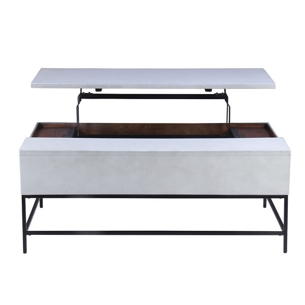 45 Inch Rectangular Mango Wood Coffee Table， Lift Top Storage， Iron Frame， White， Black