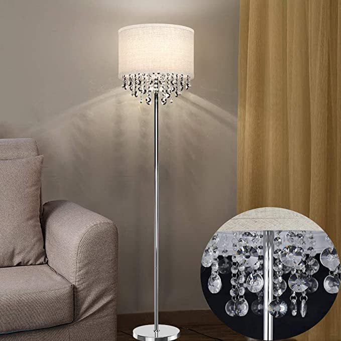 DingLiLighting Crystal LED Floor Lamp for Living Room, Modern Standing Lights for Bedroom , Elegant Tall Pole Accent Light for Mid Century & Contemporary Rooms, Silver, Fabric Shade