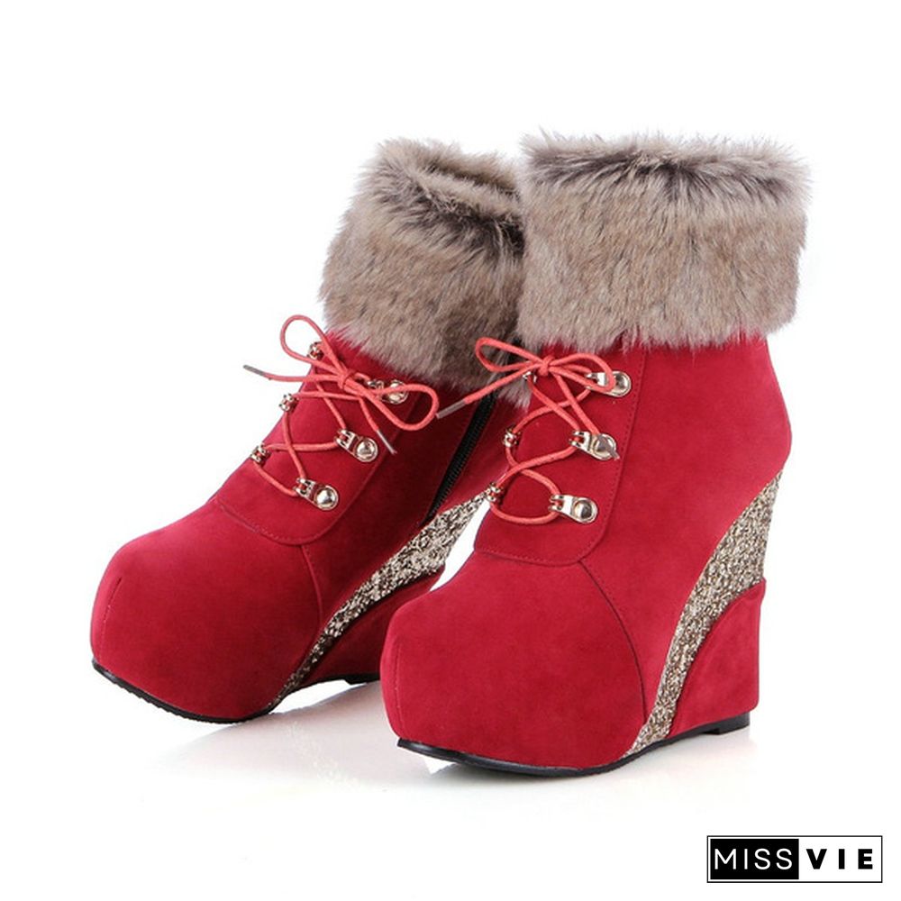 New Sexy Winter Boots Wedges Shoes Ankle Boots Women Warm Boots Lace Up Platform High Heels Snow Boots Shoes Woman