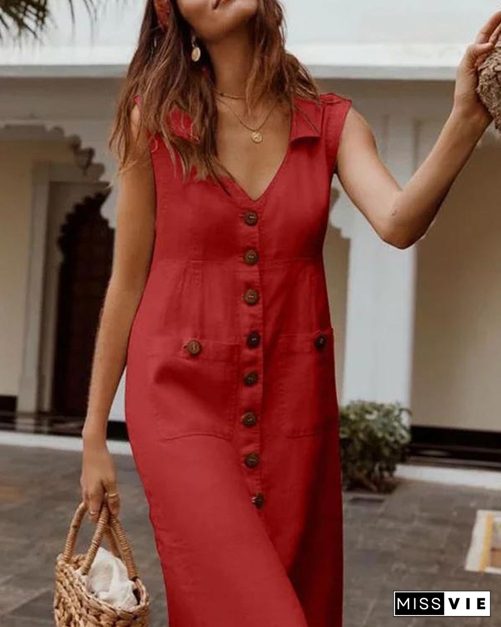 Plus Size Casual Solid Sleeveless V Neck Pockets Midi Dresses