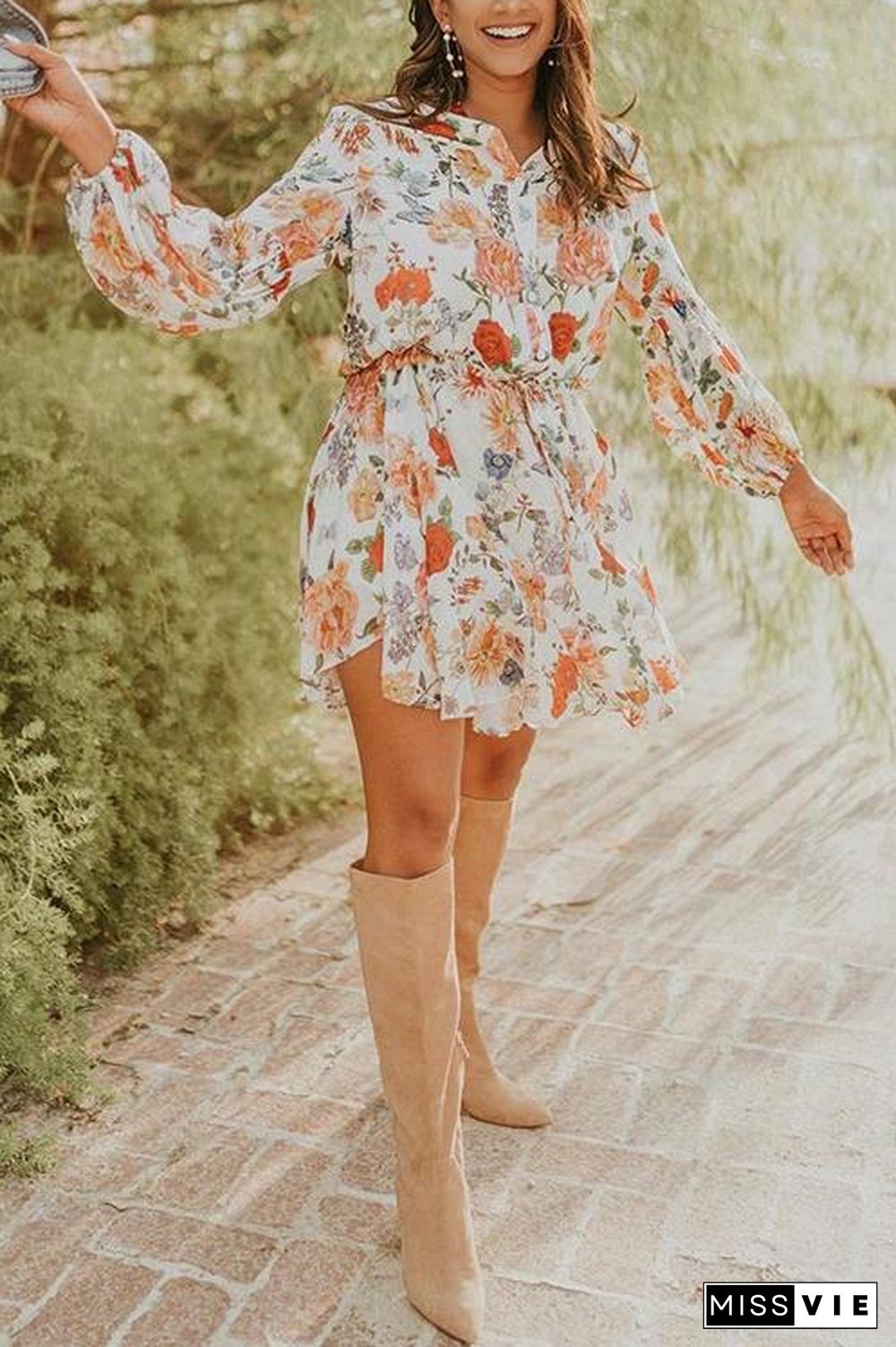 Floral Print Long Sleeve Mini Dress