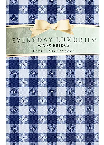 Newbridge Bistro Tavern Check Vinyl Flannel Backed Tablecloth - Cafe Checkered Indoor/Outdoor Vinyl Picnic, BBQ and Dining Tablecloth - 70? Zippered Umbrella Round, Blue