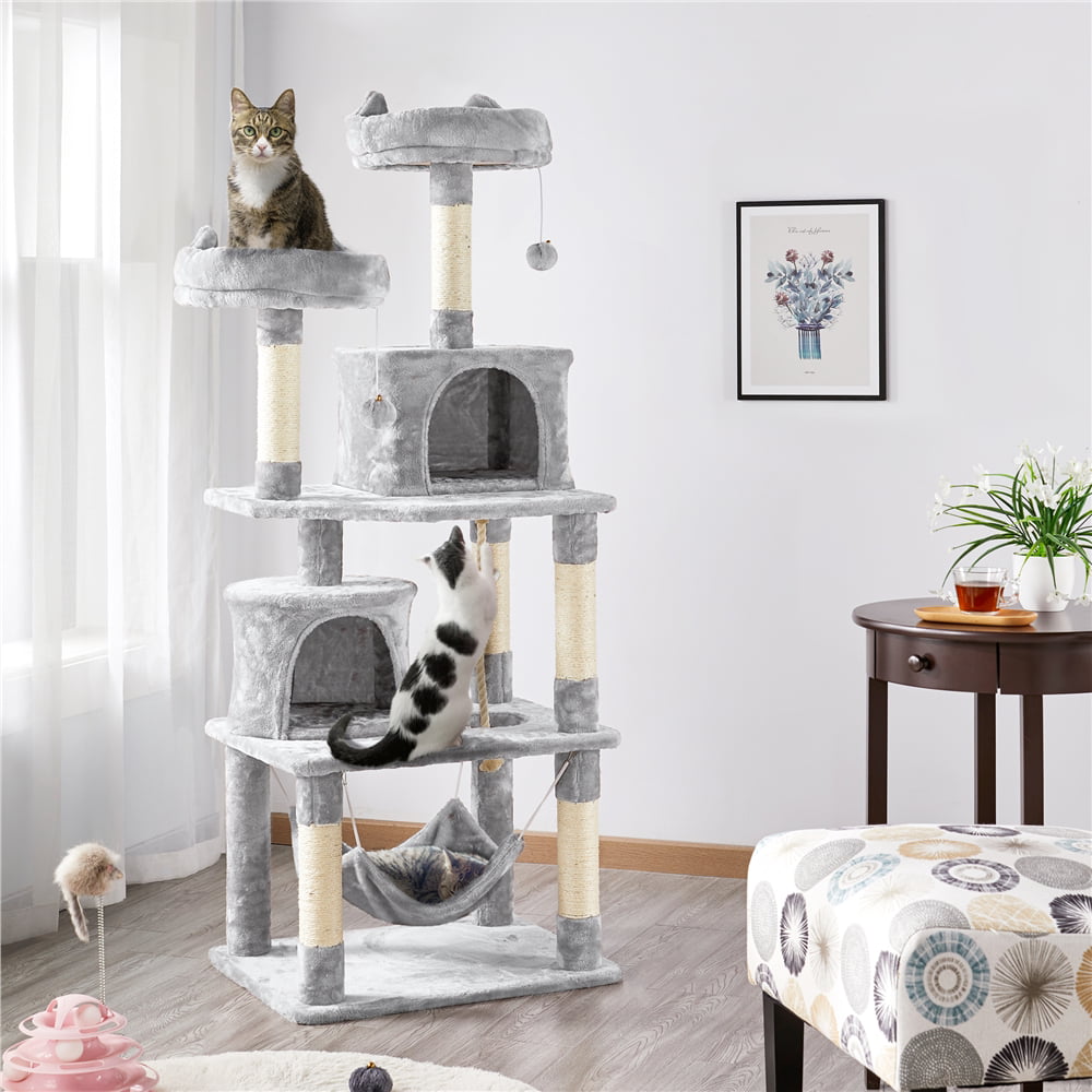 SMILE MART 62.2" Double Condo Cat Tree and Scratching Post Tower, Light Gray