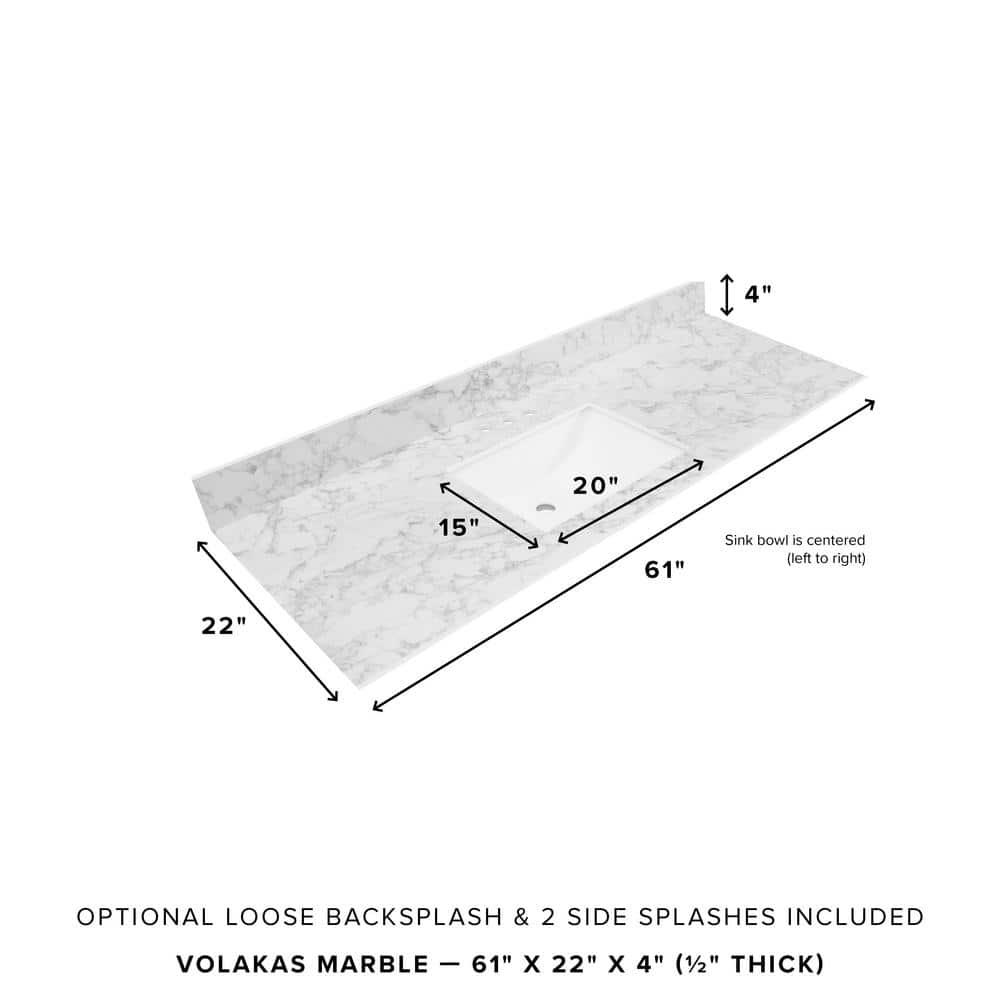 THINSCAPE 61 in W x 22 in Vanity Top in Volakas Marble with White Rectangular Single Sink and Single Hole for Faucet