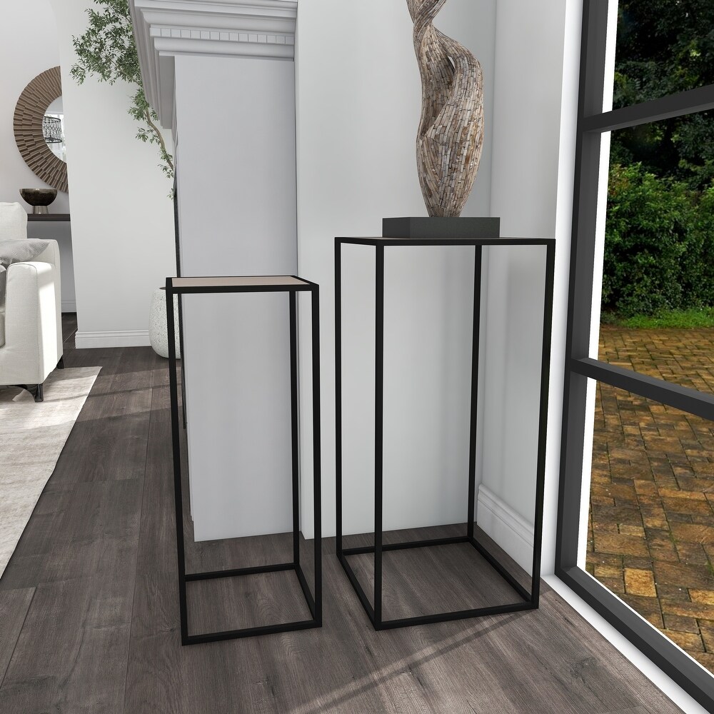 Black Metal Contemporary Accent Table with Brown Wood Tops (Set of 2)   13 x 13 x 28