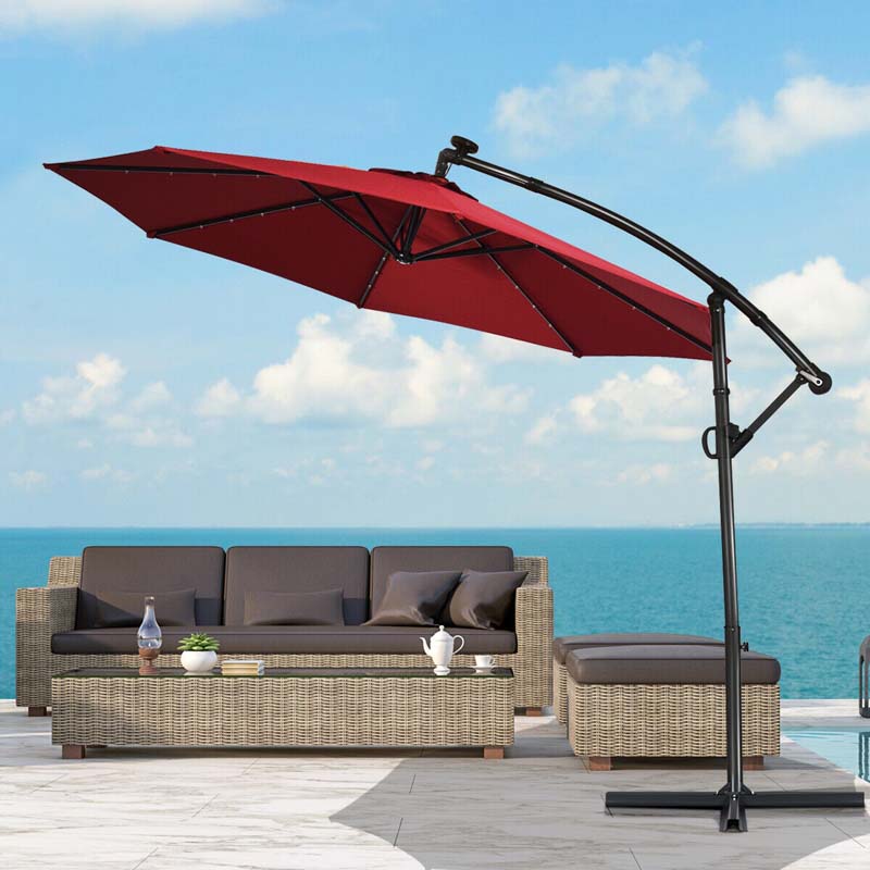 10 FT Patio Offset Umbrella with Solar Lights 360° Rotation Outdoor Market Umbrella with Crank Handle & Cross Base