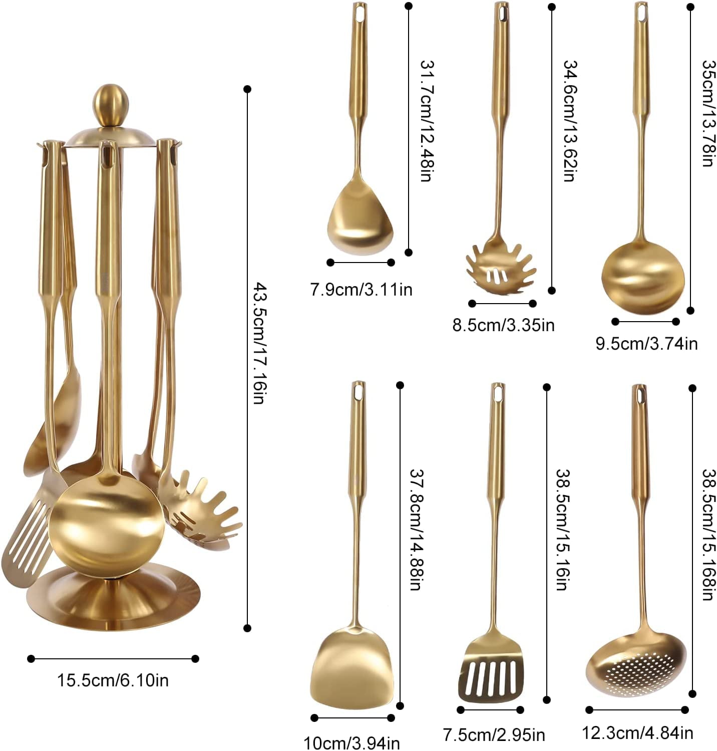 Flkoendmall 7pcs/ Set Gold Cooking Utensils Healthy Kitchen Tool with Holder Stainless Steel