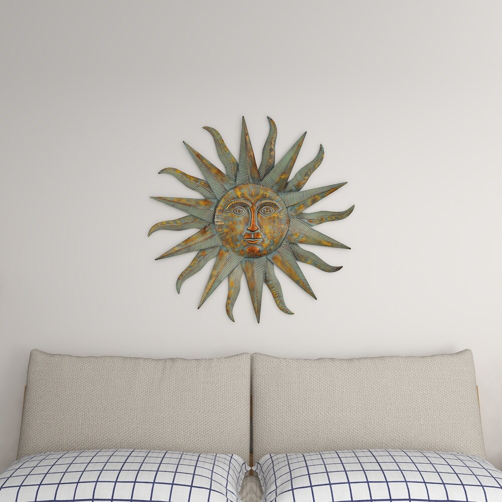 Gold Metal Indoor Outdoor Distressed Sunburst Wall Decor with Copper Like Accents and Grooves   35 x 1 x 35Round