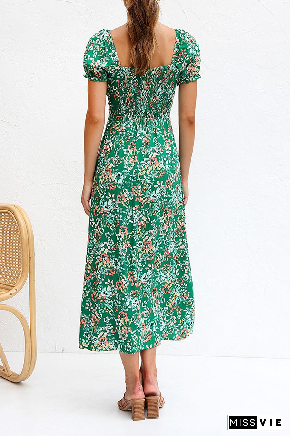 Green V Neck Smocked Floral Split Dress