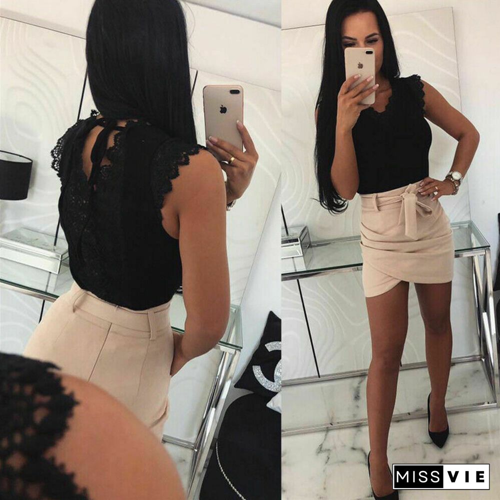 Ladies Vest Top Sleeveless V Neck Lace Casual Tank Tops Solid White Black Ruffle Backless Office Elegant Ladies Summer Camisole