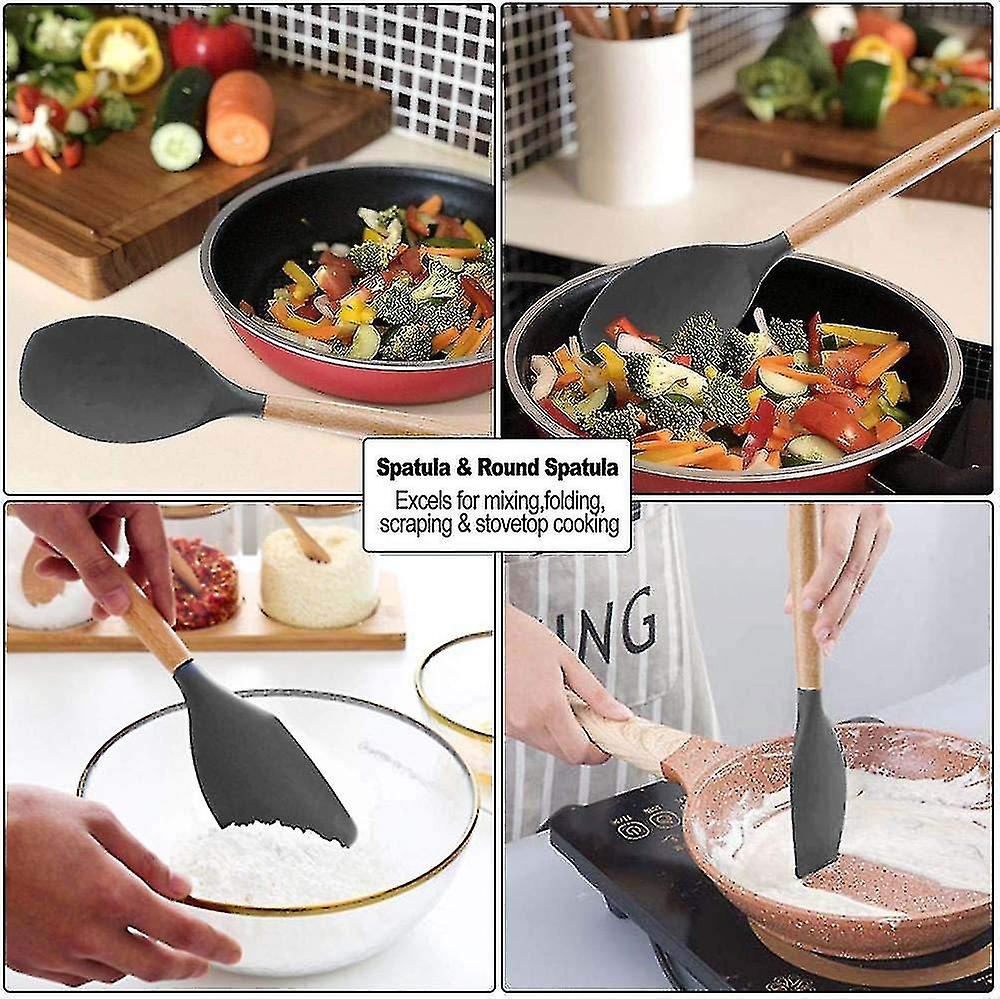 Kitchen Utensils Set， 12 Pcs Non-stick Silicone Cooking Kitchen Utensils Spatula Set With Holder， Co