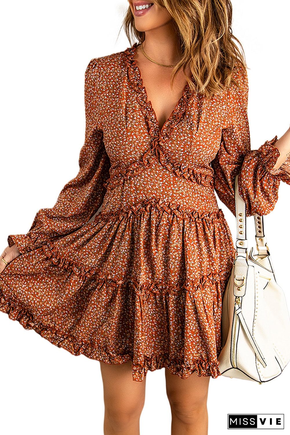 Floral Print Tiered Ruffled V Neck Mini Dress