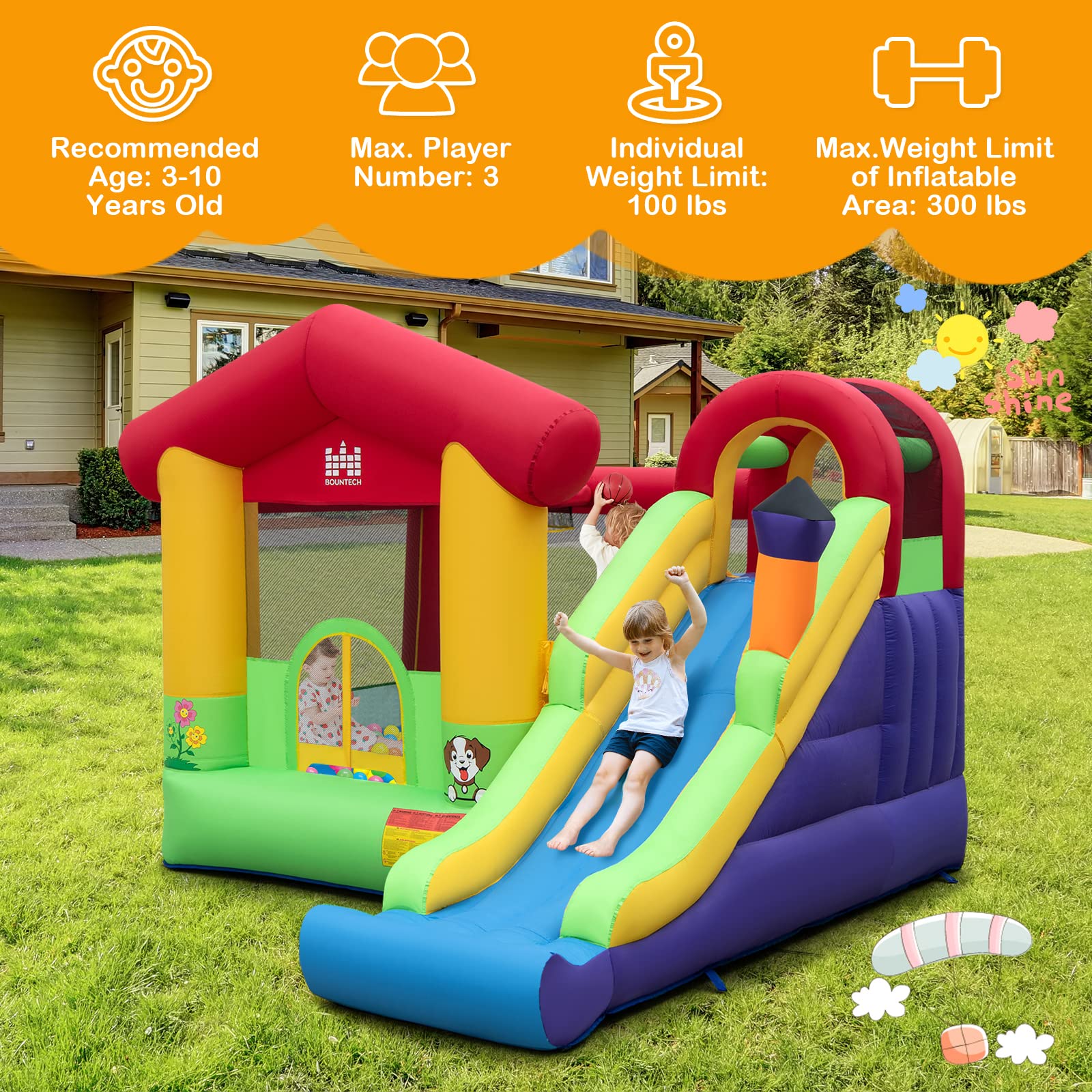 BOUNTECH Inflatable Bounce House, Bouncy House for Kids 5-12 Indoor Outdoor Fun