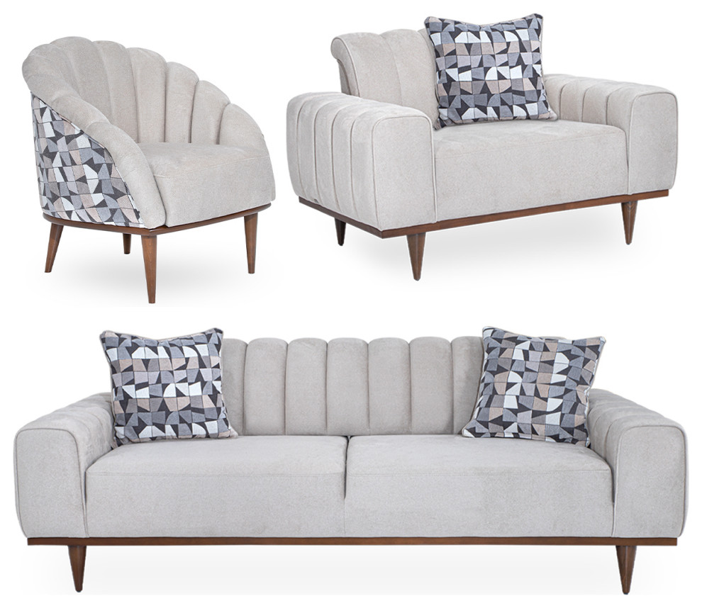 Michael Amini Balboa 3 Piece Living Room Set   Chenille Shell/Warm Walnut   Midcentury   Living Room Furniture Sets   by Michael Amini  Houzz