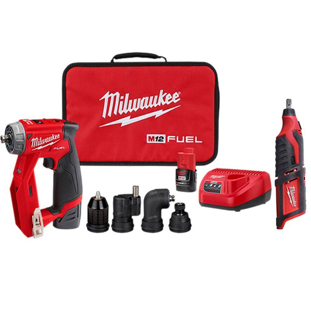 MW M12 FUEL 12V Lithium-Ion Brushless Cordless 4-in-1 Installation 38 in. Drill Driver Kit with M12 Rotary Tool 2505-22-2460-20