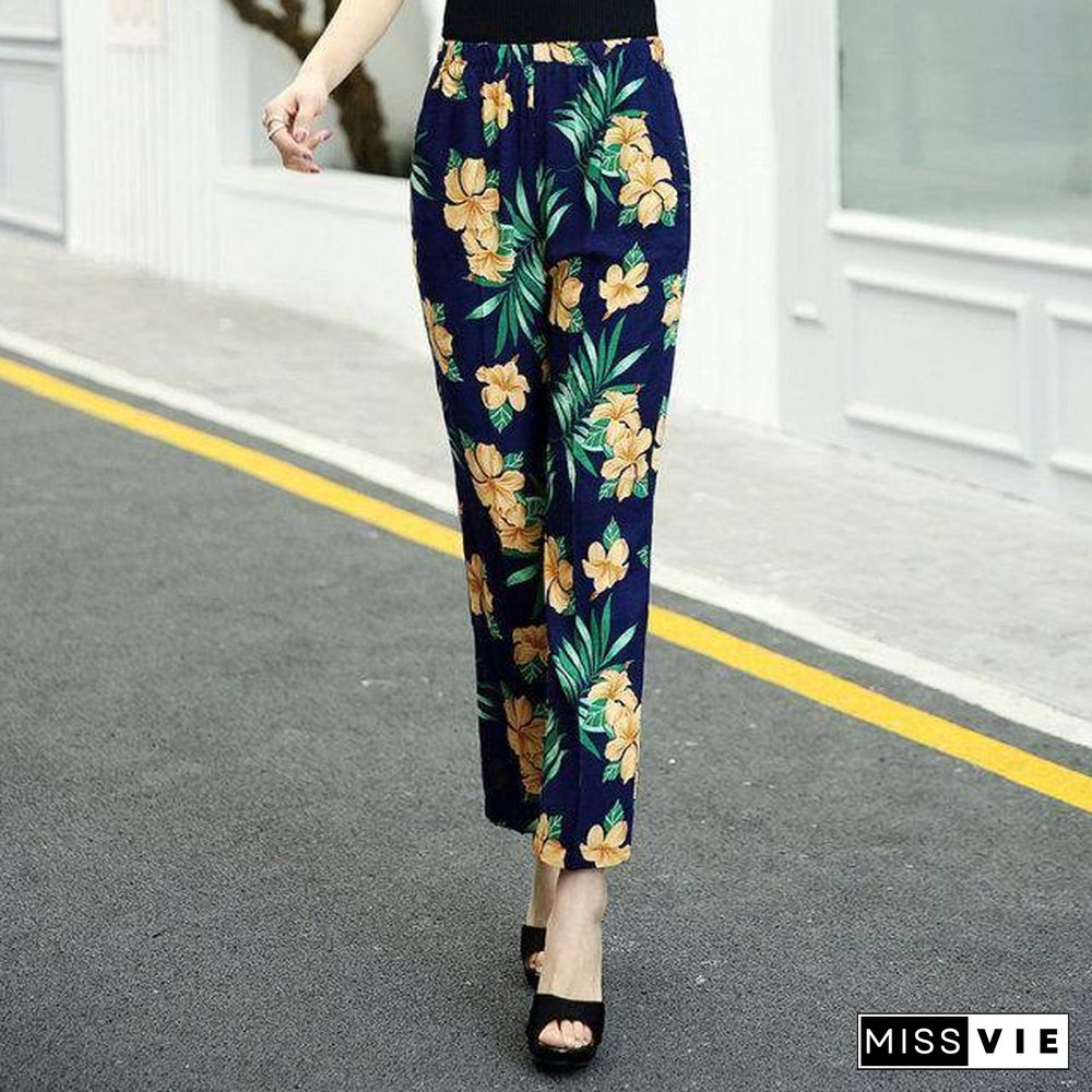 22 Colors Women Summer Casual Pencil Pants XL-5XL Plus Size High Waist Pants Printed Elastic Waist Middle Aged Women Pants