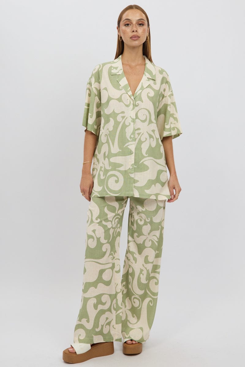 Green Abstract Relaxed Shirt Short Sleeve Linen Blend