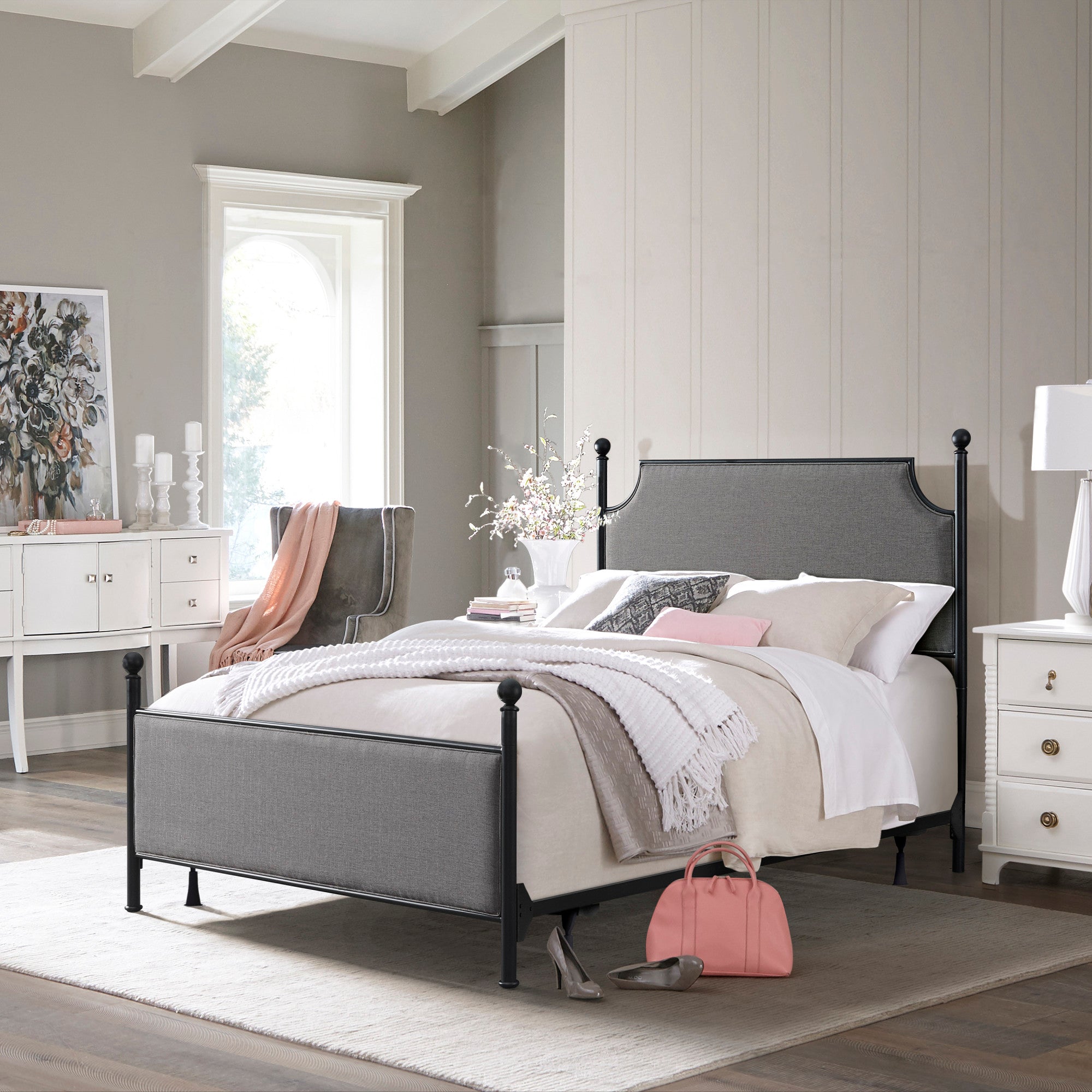 Hillsdale Furniture McArthur Metal Upholstered Queen Bed, Matte Black with Gray Fabric