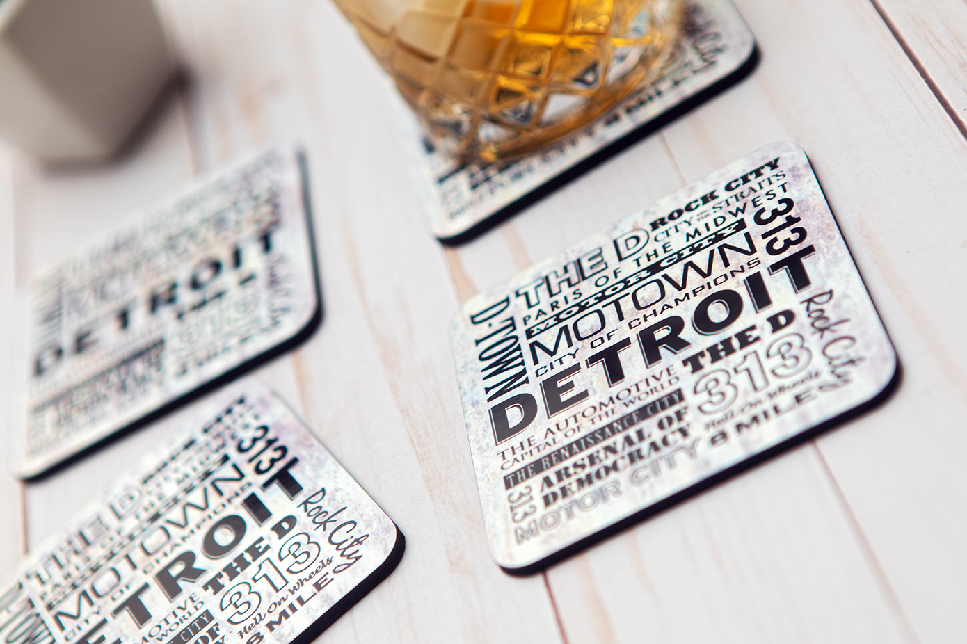 Detroit Michigan Nicknames Typography Hardboard Masonite Drink Coasters (Set of Four)