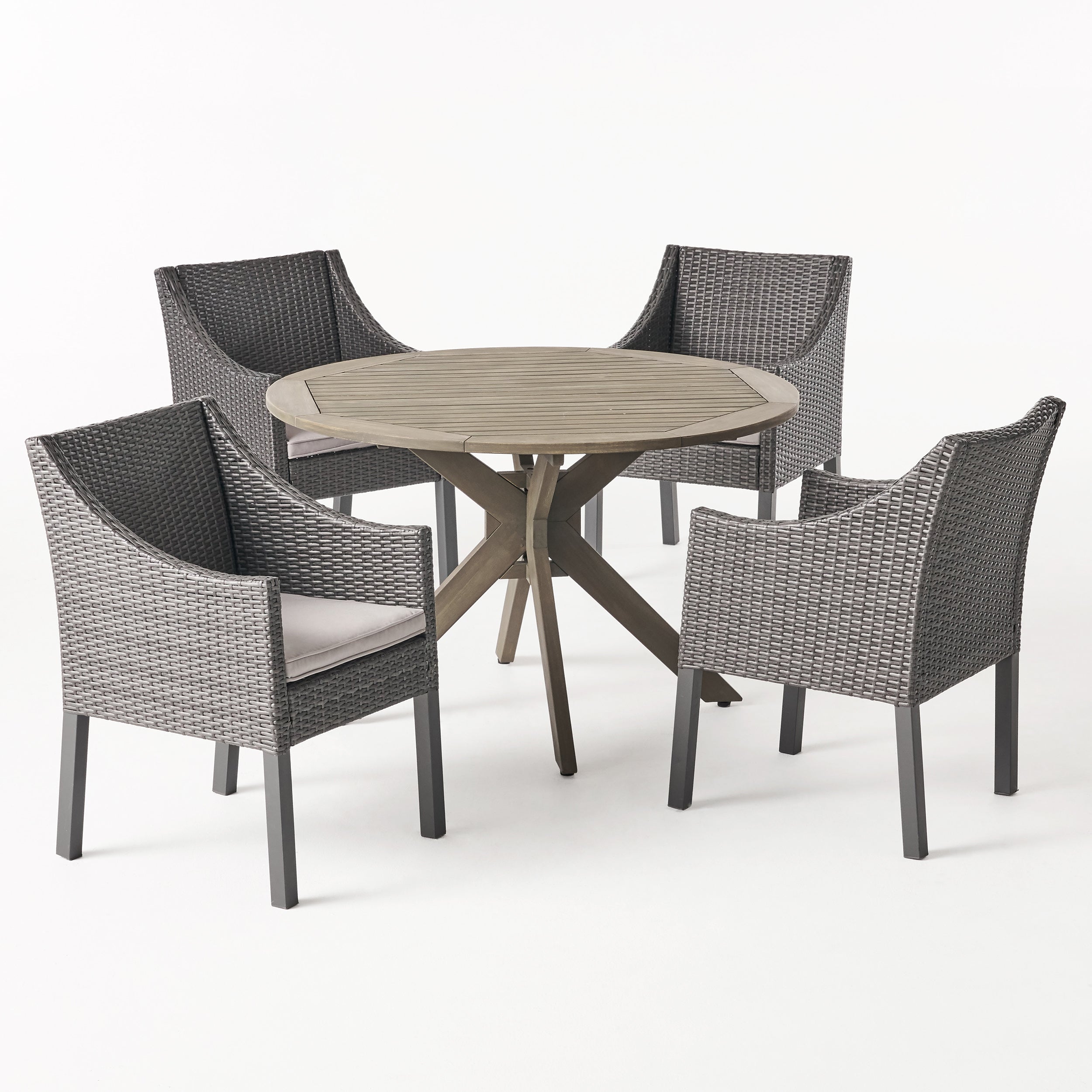 Orwel Outdoor 5 Piece Wood and Wicker Dining Set, Gray and Gray