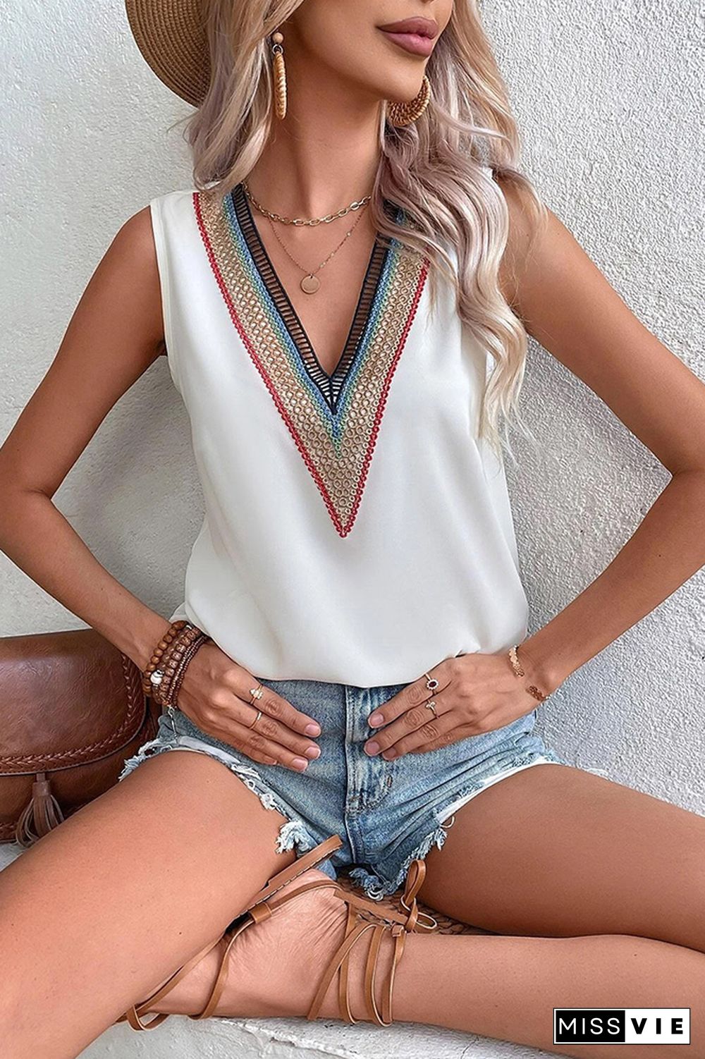 Plain V Neck Colorful Lace edge Tank Top