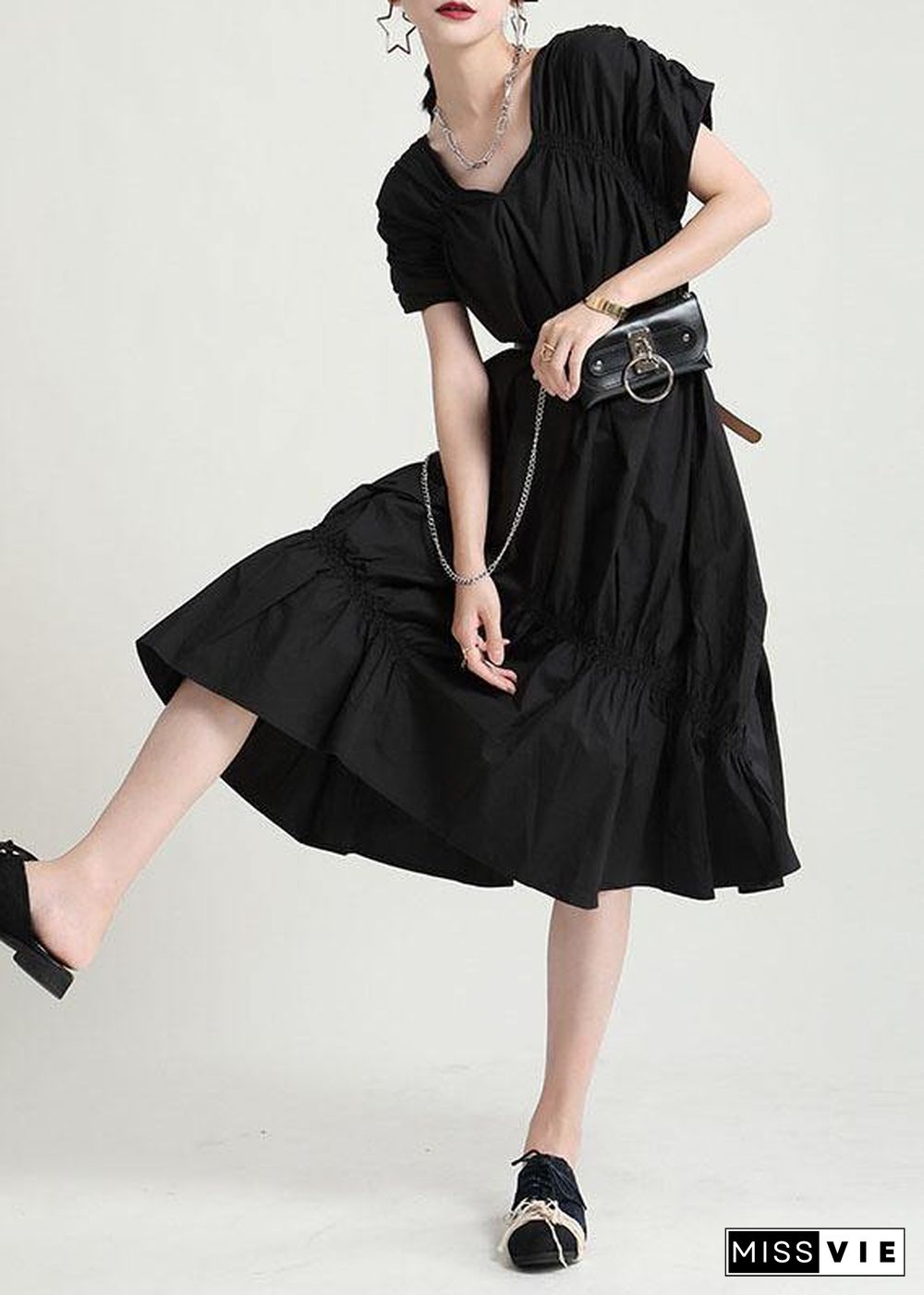 Natural Black Cotton V Neck Asymmetrical Design Summer Vacation Dress Short Sleeve