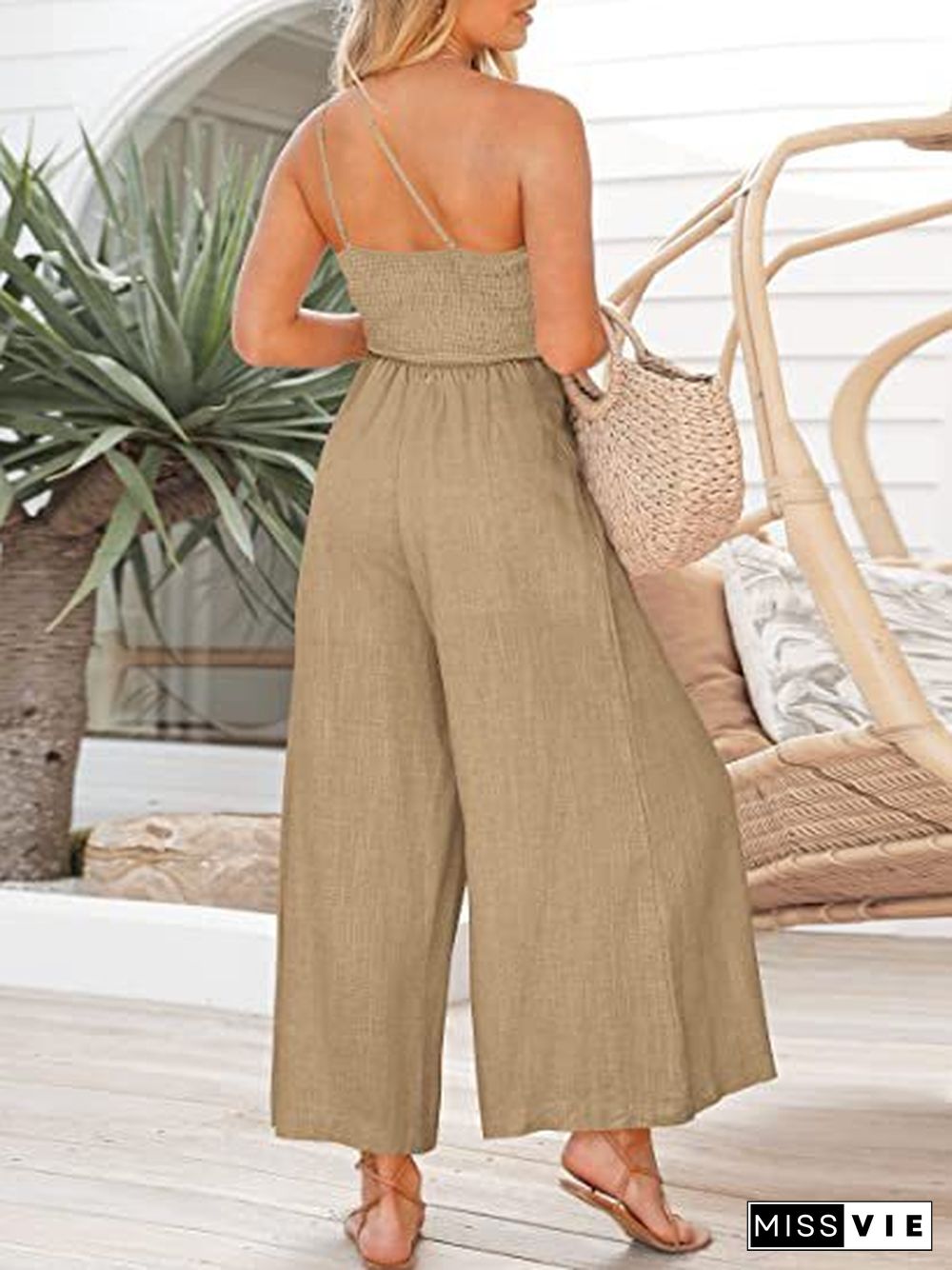 One Shoulder Wide Leg Solid Color Jumpsuit