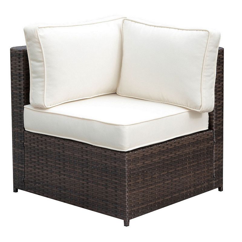 Faux Rattan Corner Chair with 1 Seat and 2 Back Cushions， Brown And Ivory