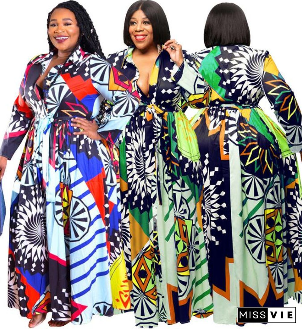 Fashion Printing Full Sleeves Hem Plus Size Long Dress