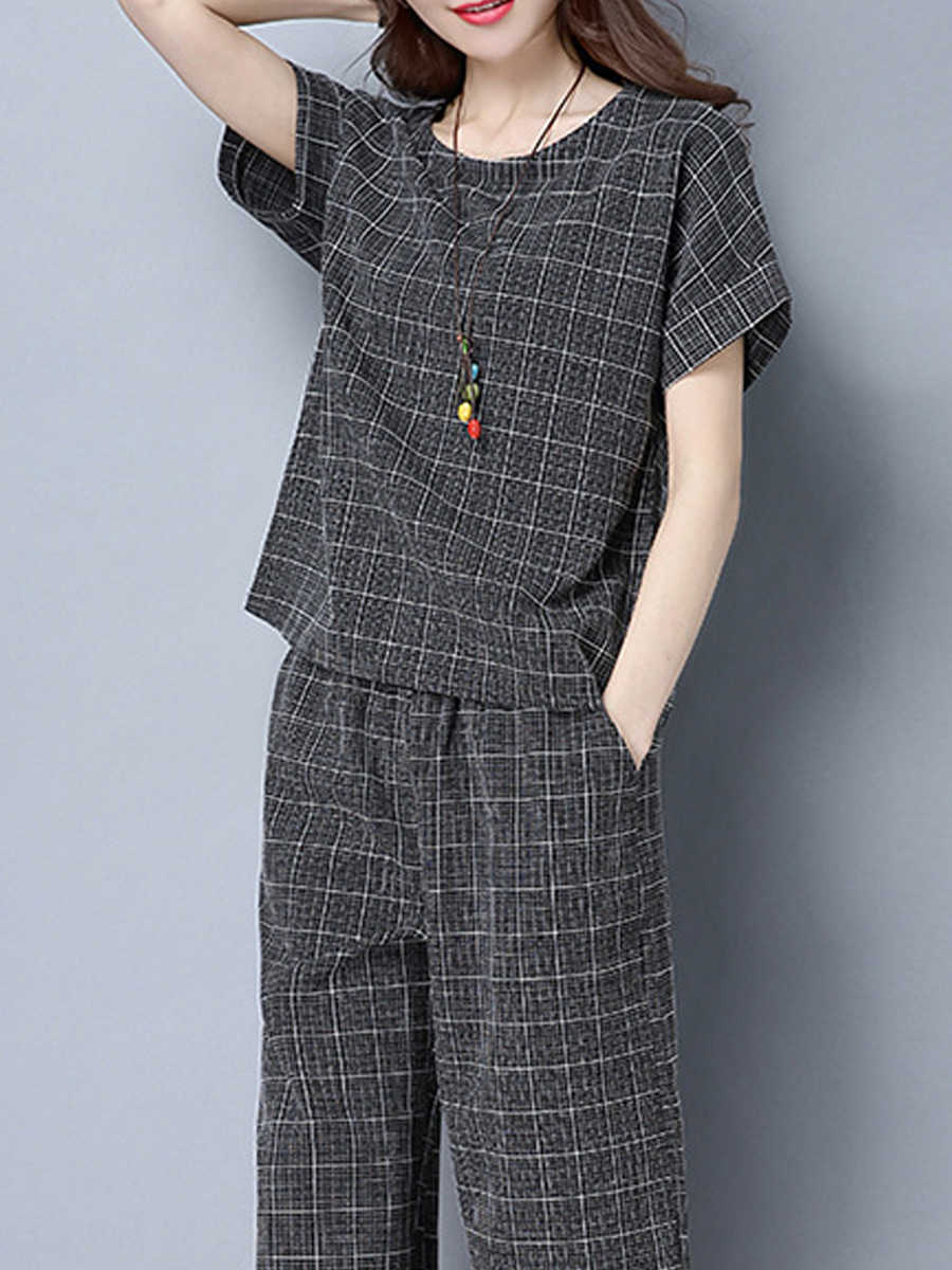 Round Neck  Checkered Blouses And Bottoms Suits