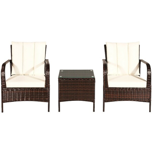 Costway 3 PCS Patio Wicker Rattan Furniture Set Coffee Table and 2