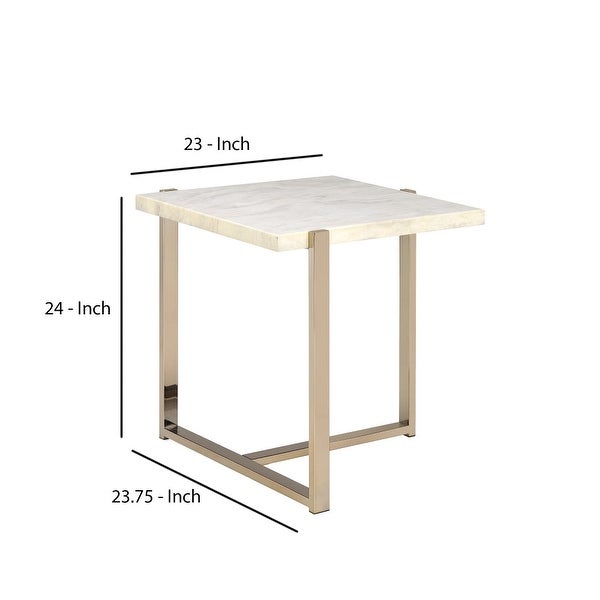 Modern Style Marbleized Wooden End Table with Tubular Metal Frame， Gold and White - 24.25 H x 23 W x 23.75 L Inches