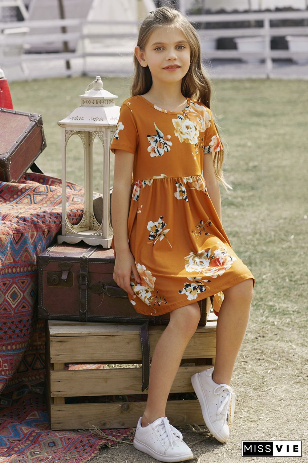 Orange Short Sleeve Pocketed Children's Floral Dress