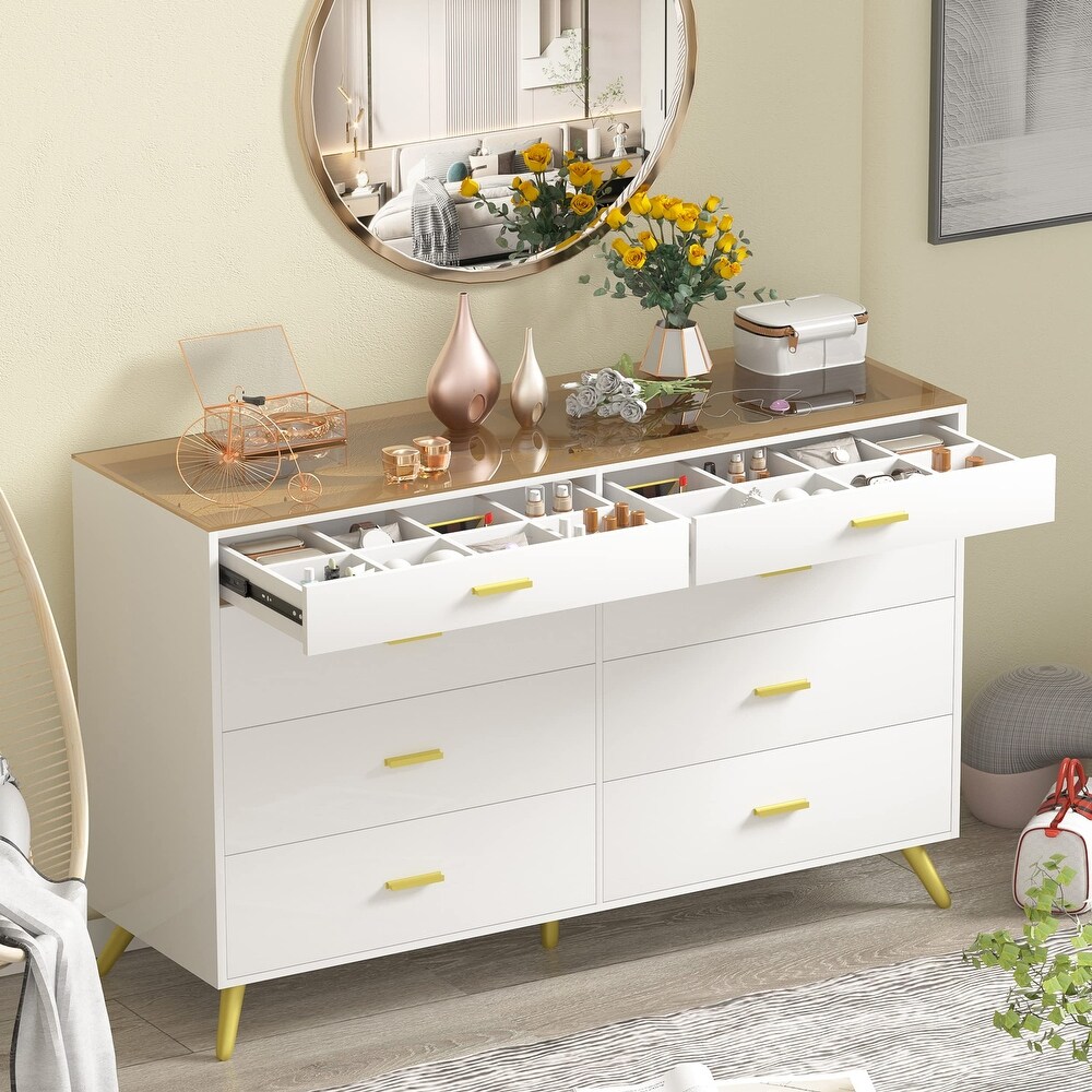 Dresser for Bedroom Modern 8 Drawer Dressers with Tempered Glass Top  Chests of Drawers with 2 Grid Drawer  Storage Organizer