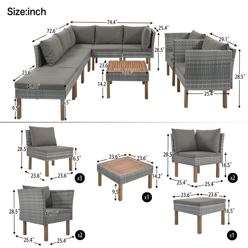 Outdoor 9 Piece Garden Patio Furniture Set PE Rattan Wicker Sofa Sets with Acacia Wood Tabletop  Armrest Chairs with Cushions