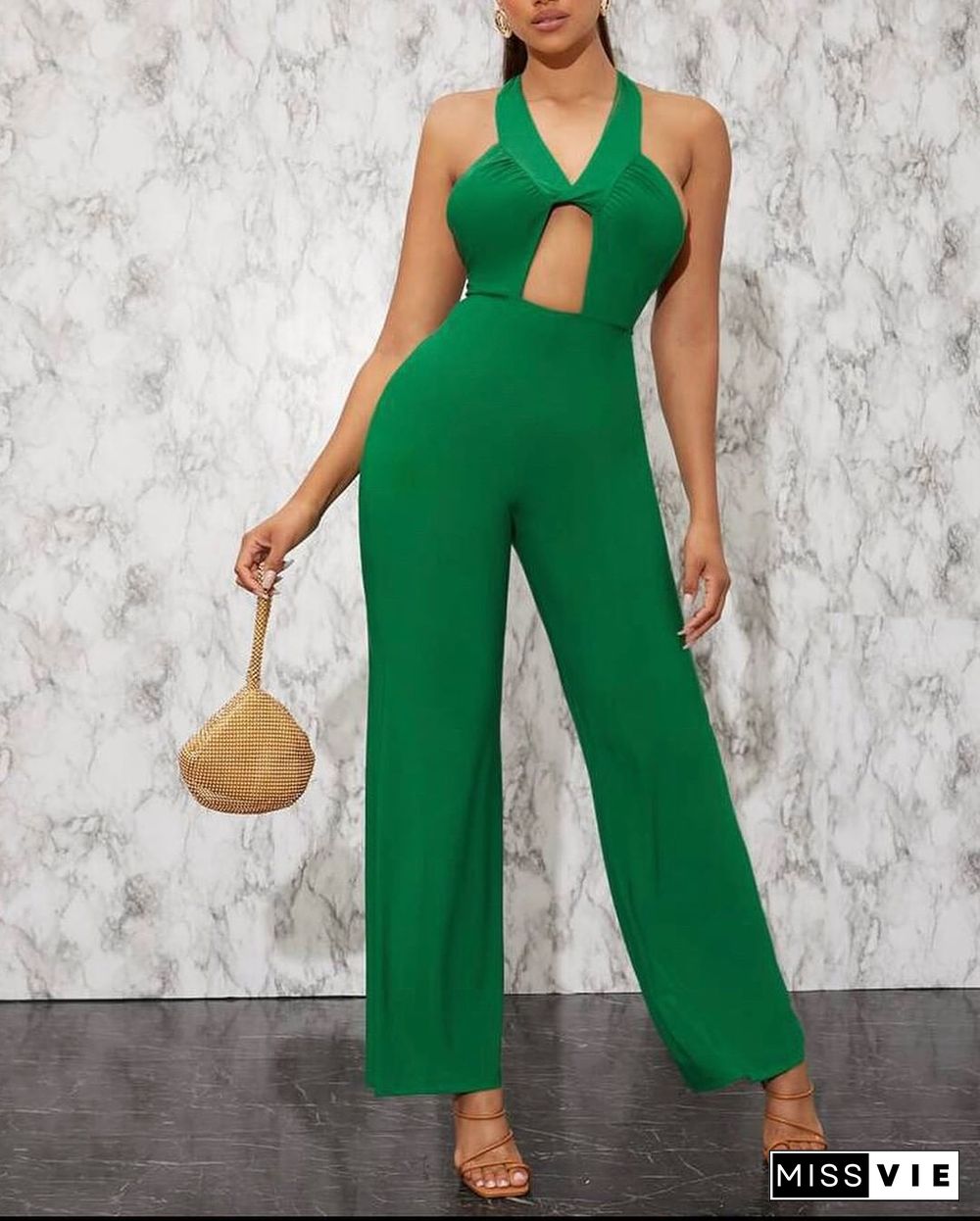 Halter Tie Up Cut Out Backless Wide Leg Jumpsuit