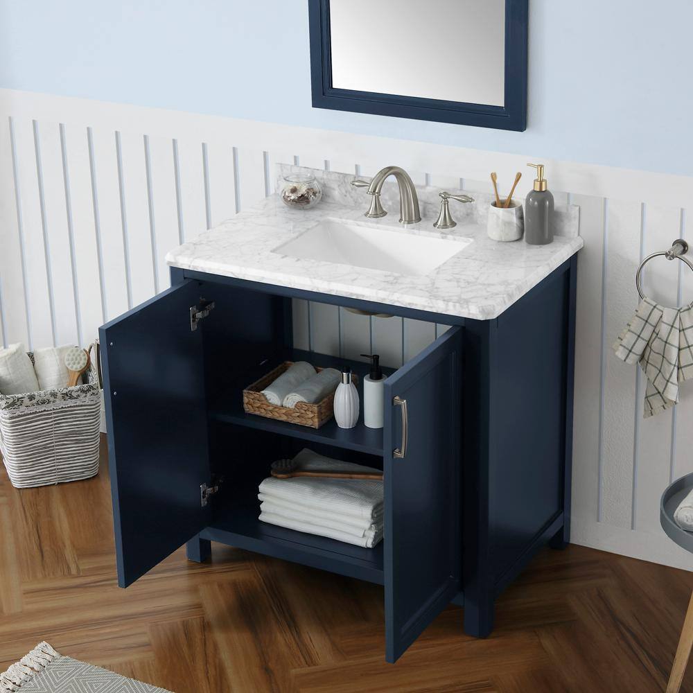 Home Decorators Collection Sandon 36 in. W x 22 in. D x 34.5 in. H Single Sink Bath Vanity in Midnight Blue with White Carrara Marble Top Sandon 36MB