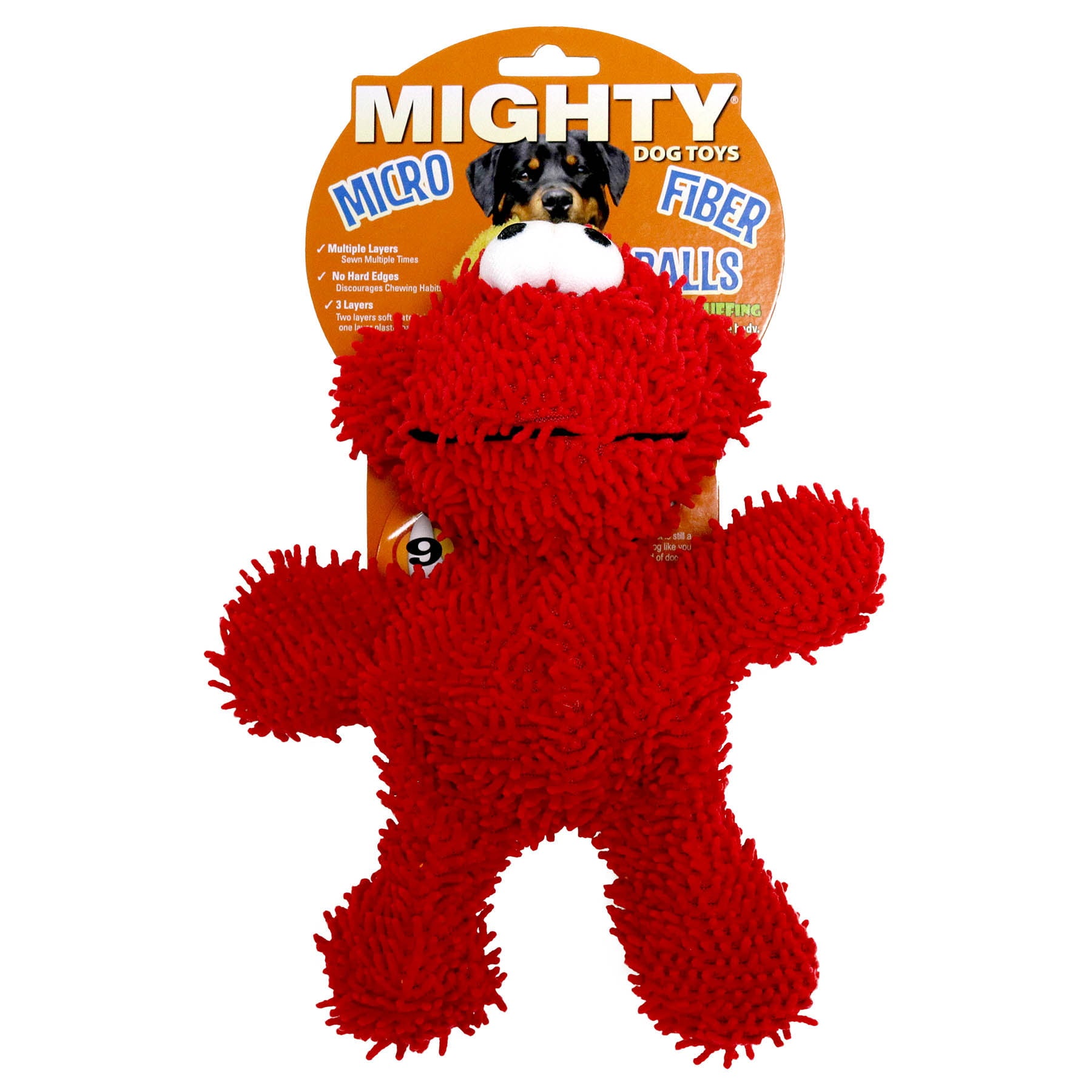 Mighty Microfiber Ball Monster Dog Toy， Made with Squeaker Balls， Minimal Stuffing， Red